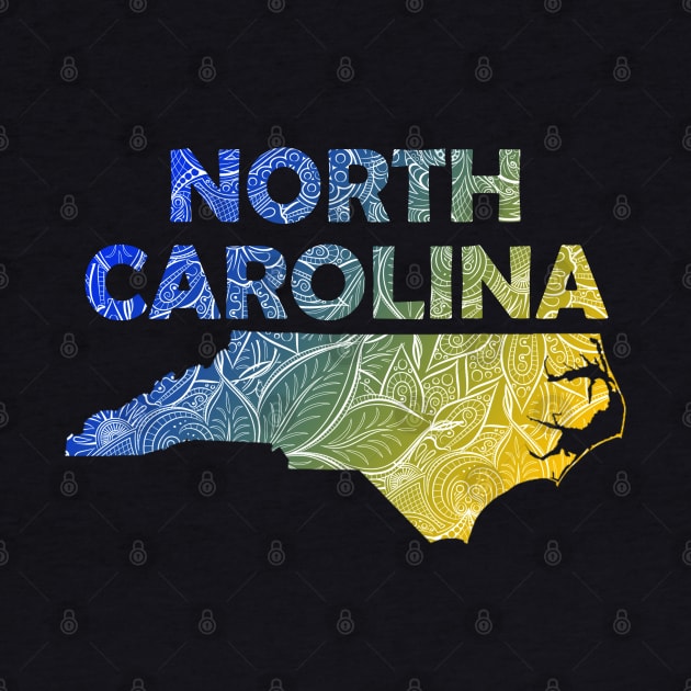 Colorful mandala art map of North Carolina with text in blue and yellow by Happy Citizen